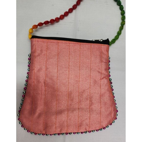 Pink Embroidered Peacock Crossbody Bag With Rainbow Beaded Strap & Zipper Pocket - Picture 9 of 10